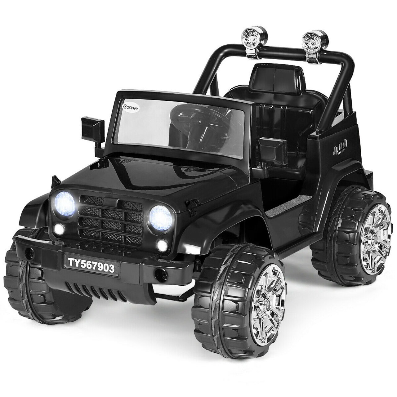 Black Plastic Kids Ride-On Jeep Car with Twin Motors, Remote and LED Lights